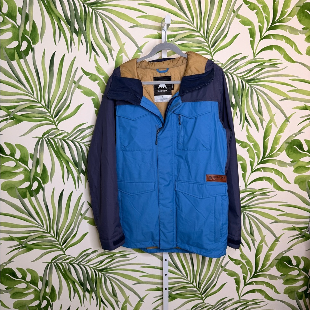 Burton Blue and Navy Hooded Ski Jacket with Tan Lining